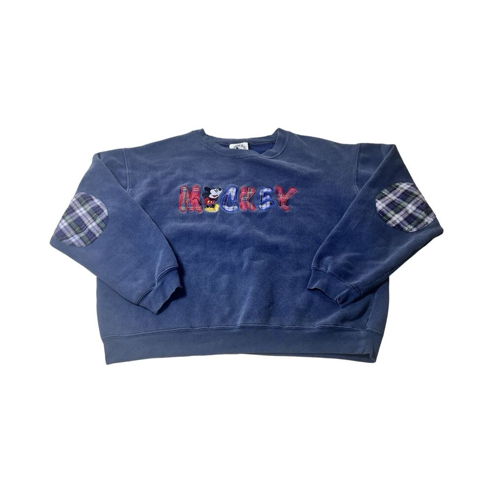 Vintage Mickey & Co Disney Navy Blue Plaid‎ Patch Embroidered Sweatshirt L